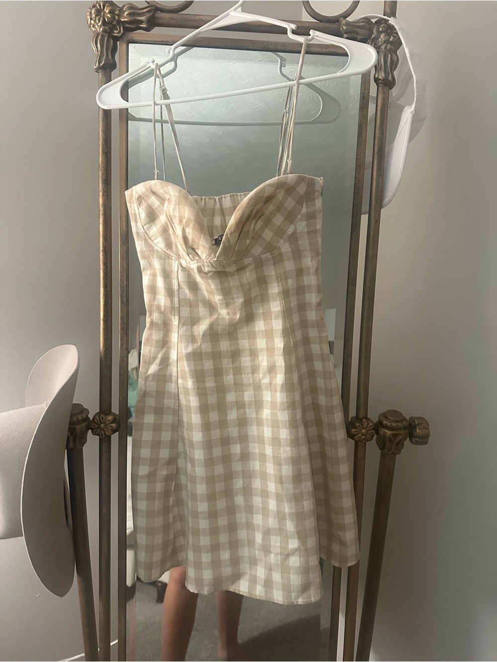 Zara Beige and White Gingham Mini Dress
